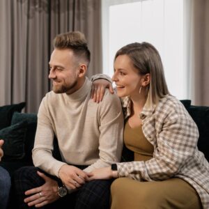 Couple preparing prenuptial agreement in New Jersey with attorney