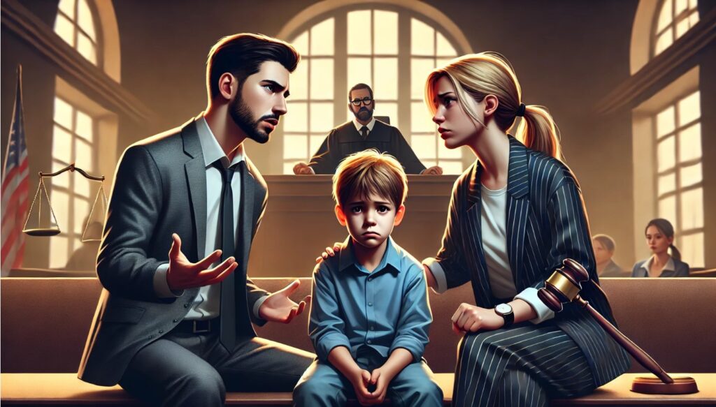 Man and woman engaged in a custody dispute in a courtroom, with a child sitting between them.