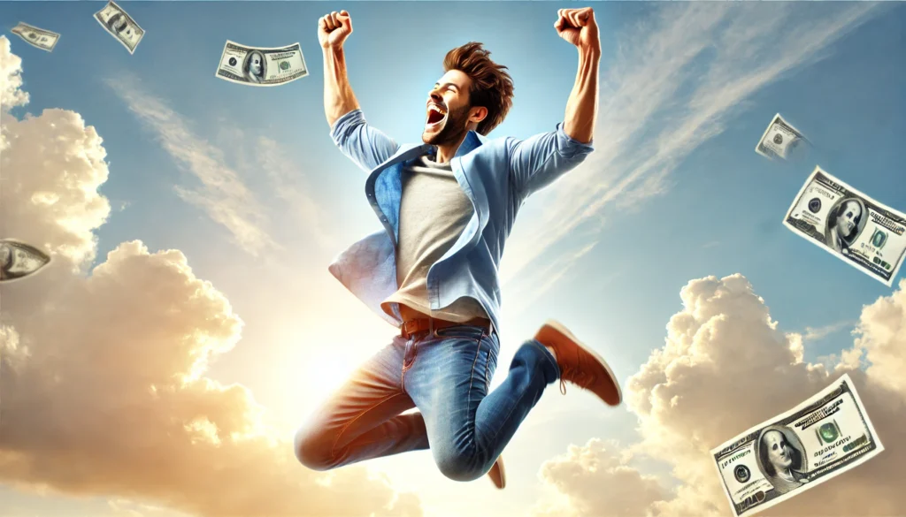 Man joyfully jumping in the air, celebrating the termination of his alimony obligation.