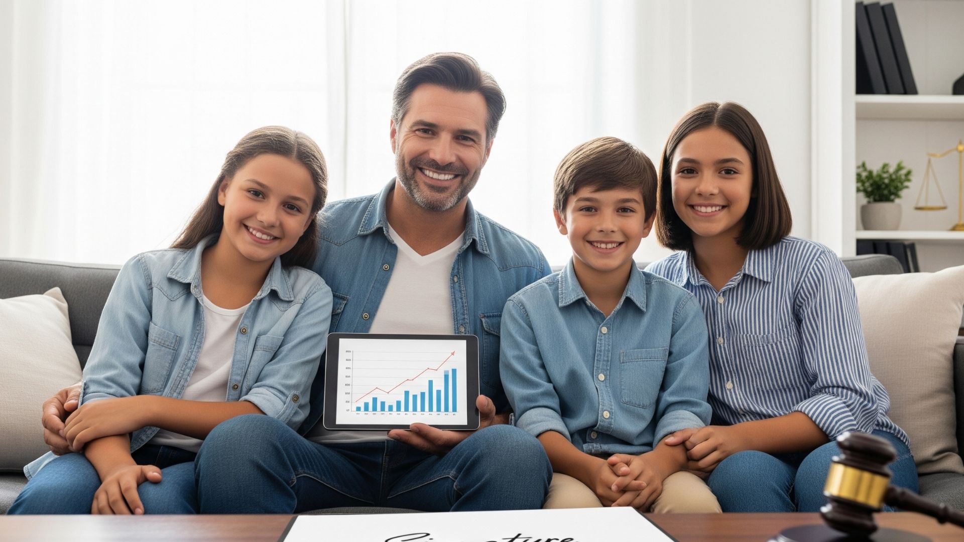 A family sitting on a couch, subtly referencing legal considerations.