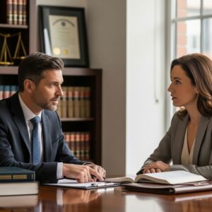 Two individuals in a serious legal discussion.