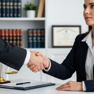 A lawyer and client shaking hands, signifying a legal agreement.