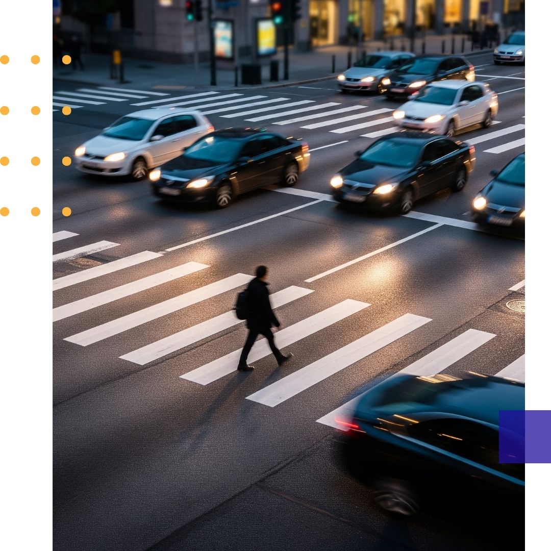 A blurred pedestrian silhouette crossing a street at a crosswalk with blurred cars.