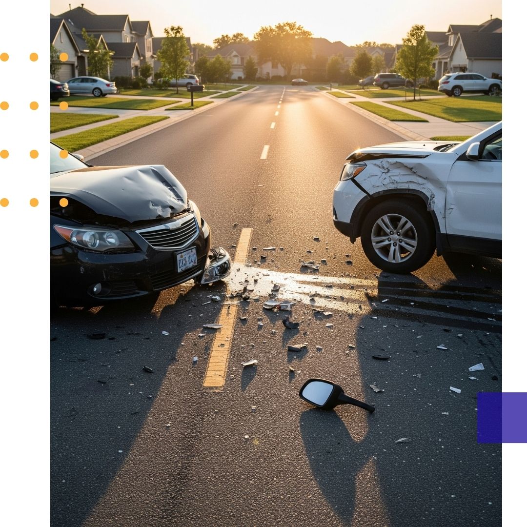 A suburban street with two damaged cars after an accident