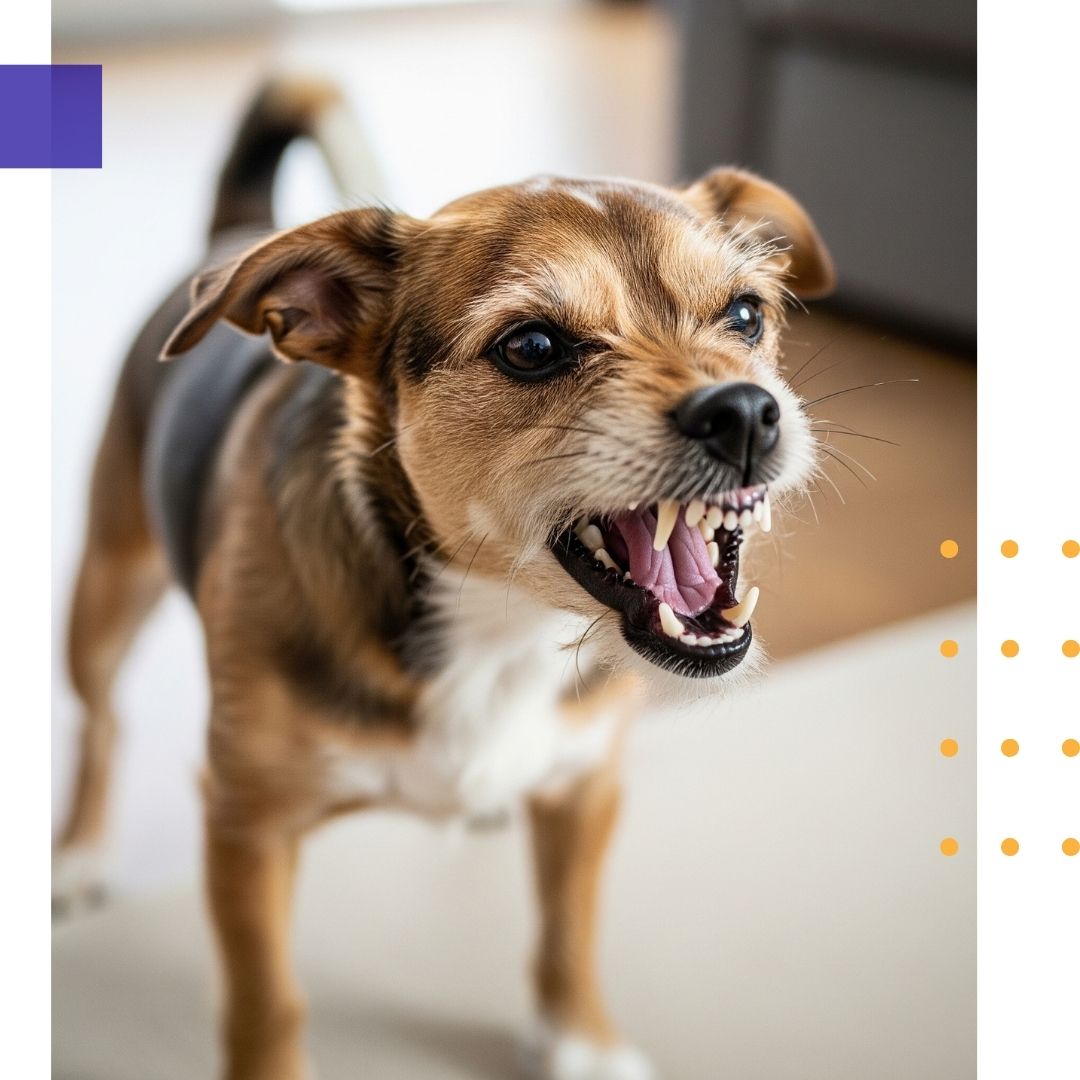 A small dog baring its teeth and growling, showing aggression.