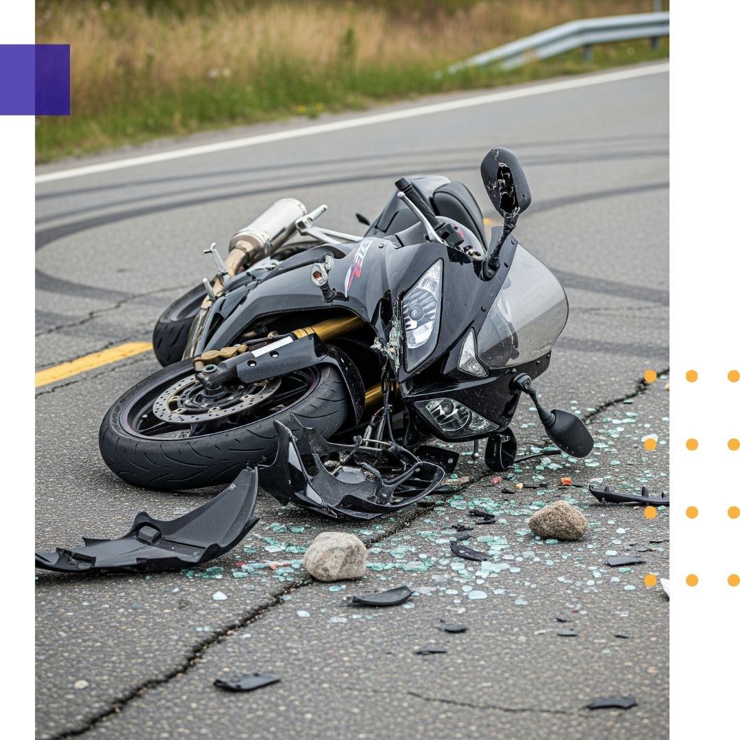 A damaged motorcycle lying on its side on an asphalt road with debris.