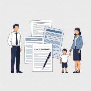 Stylized family with legal documents representing child support.