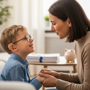 Parent and child with eyeglasses and hearing aid, with financial documents and a piggy bank in the blurred background, symbolizing special needs and financial considerations.