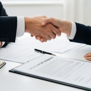 Two hands shaking over legal papers, representing an agreement.