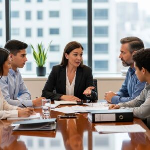 A family consulting with a legal professional about child custody.