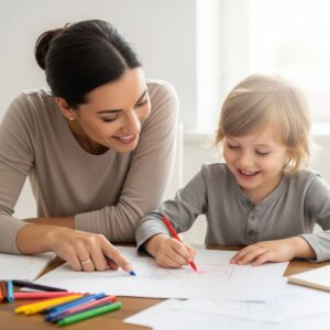 An adult and child engaging in an activity together, representing a GAL's interaction.