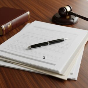 Legal documents and a gavel on a desk, symbolizing court proceedings.