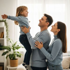 Two parents and a child sharing a positive moment, symbolizing a family's well-being.