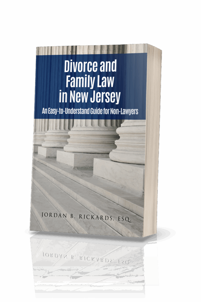 Book cover of "Divorce and Family Law in New Jersey" by Jordan B. Rickards, showing courthouse columns with a blue title overlay.