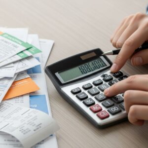 A calculator and a stack of receipts, symbolizing economic damages.