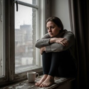 A person looking out a window, representing the emotional toll of an injury.