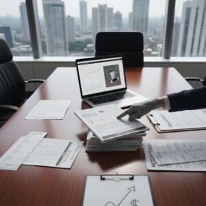 A desk covered with various documents like medical records, police reports, and financial statements, with a hand pointing to a key document, symbolizing the collection and review of evidence that influences settlement value.