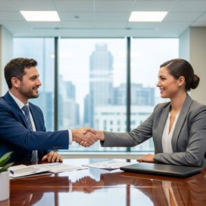 A firm handshake between a lawyer and client, symbolizing a trusted legal partnership.