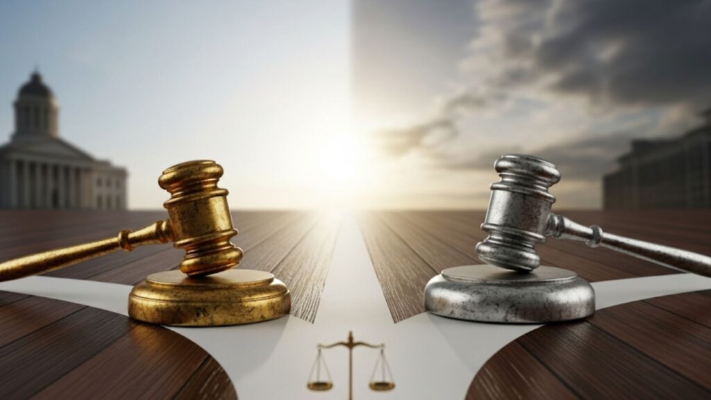 A symbolic image of a fork in the road with legal gavels, representing the choice between contested and uncontested divorce.