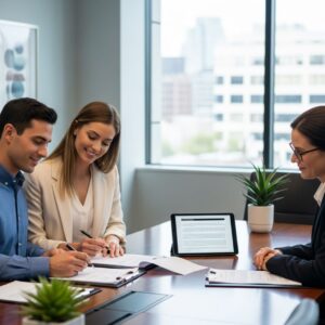 A couple signing divorce papers amicably in a lawyer's office.