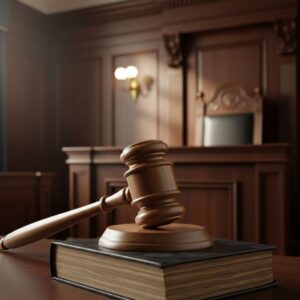 A judge's gavel resting on a law book in a courtroom.