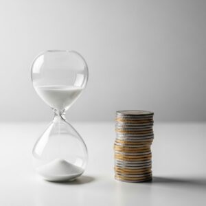 An hourglass next to a stack of coins, symbolizing time and money.