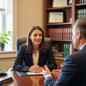An empathetic divorce lawyer listening carefully to a client's concerns.