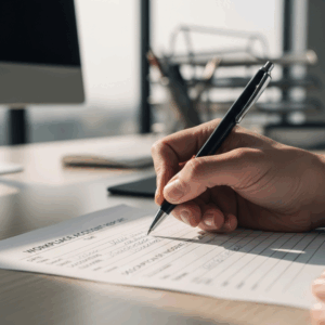 Hand filling out a workplace accident report form.