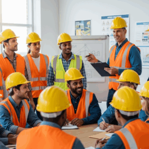Construction workers in a safety meeting, discussing workers' rights.