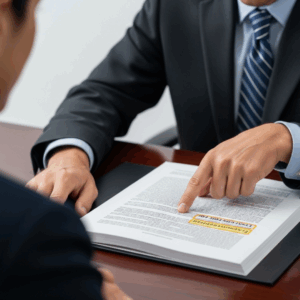 Workplace injury lawyer reviewing a legal document with a client.