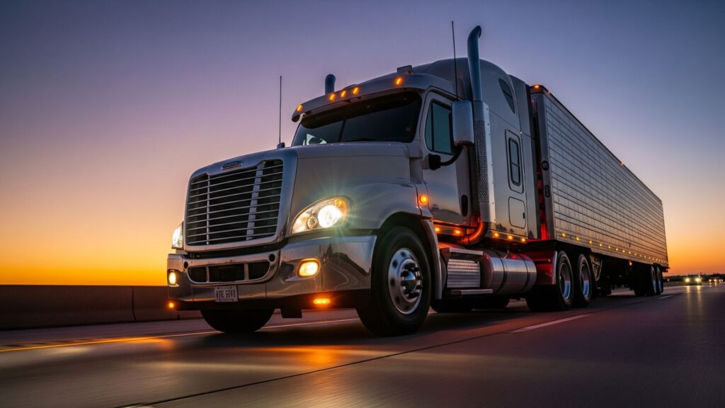 A modern semi-truck on a multi-lane highway, representing a commercial vehicle accident