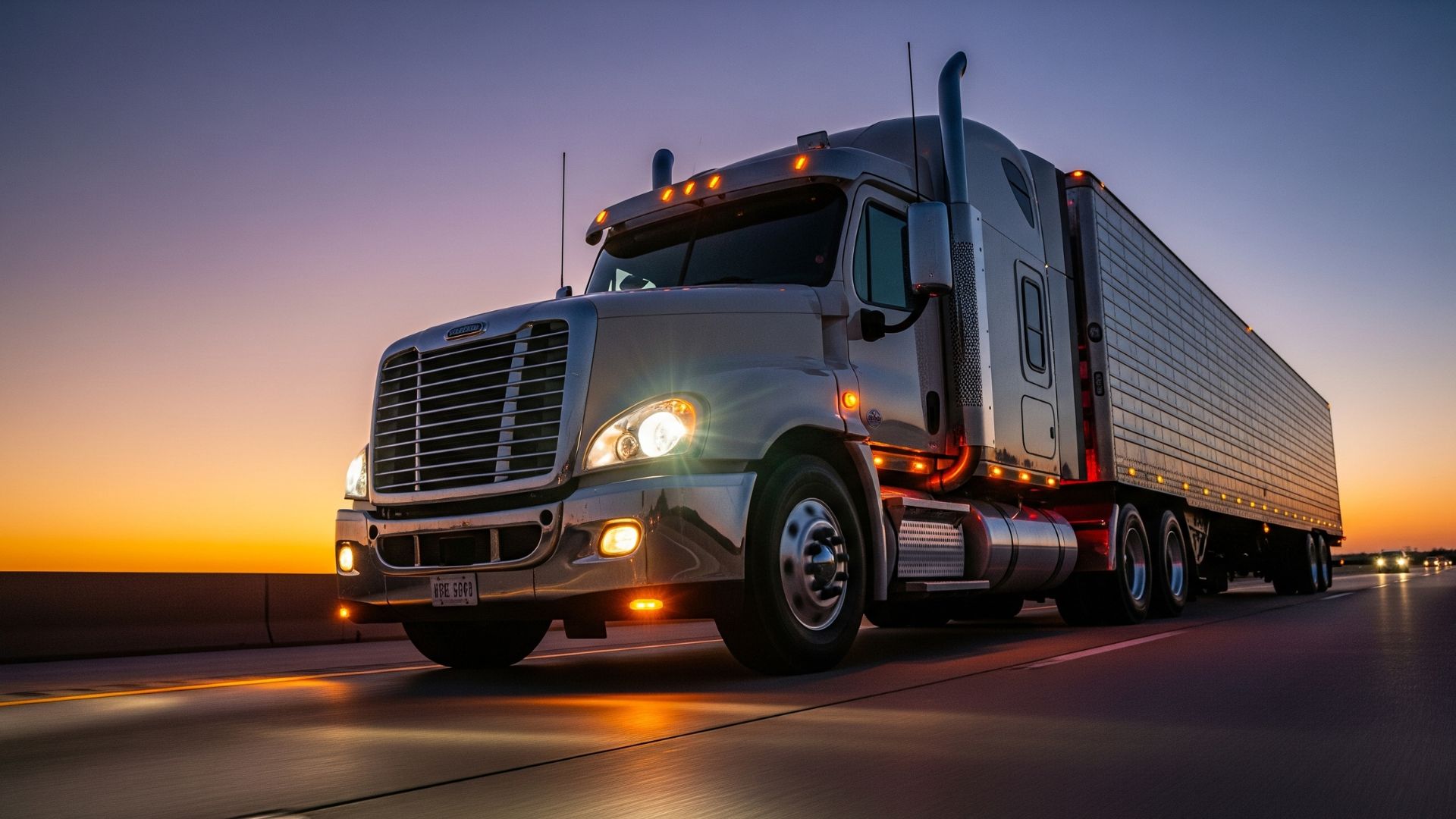 A modern semi-truck on a multi-lane highway, representing a commercial vehicle accident