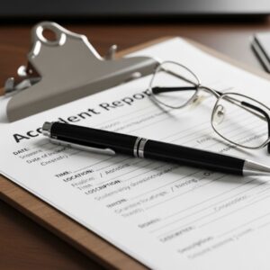 An investigation clipboard and pen, symbolizing the multiple parties in a truck accident claim.