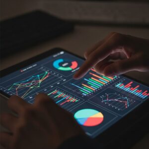Analyst's hands on a tablet with data, representing the complex evidence in a truck accident.