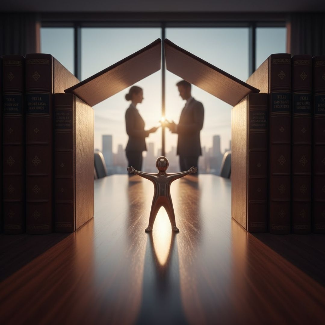 Legal professionals discussing a family matter with a small house and figure representing a child's protection