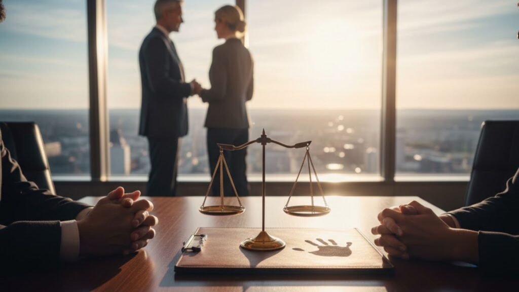Scales of justice on a conference table with blurred figures in background