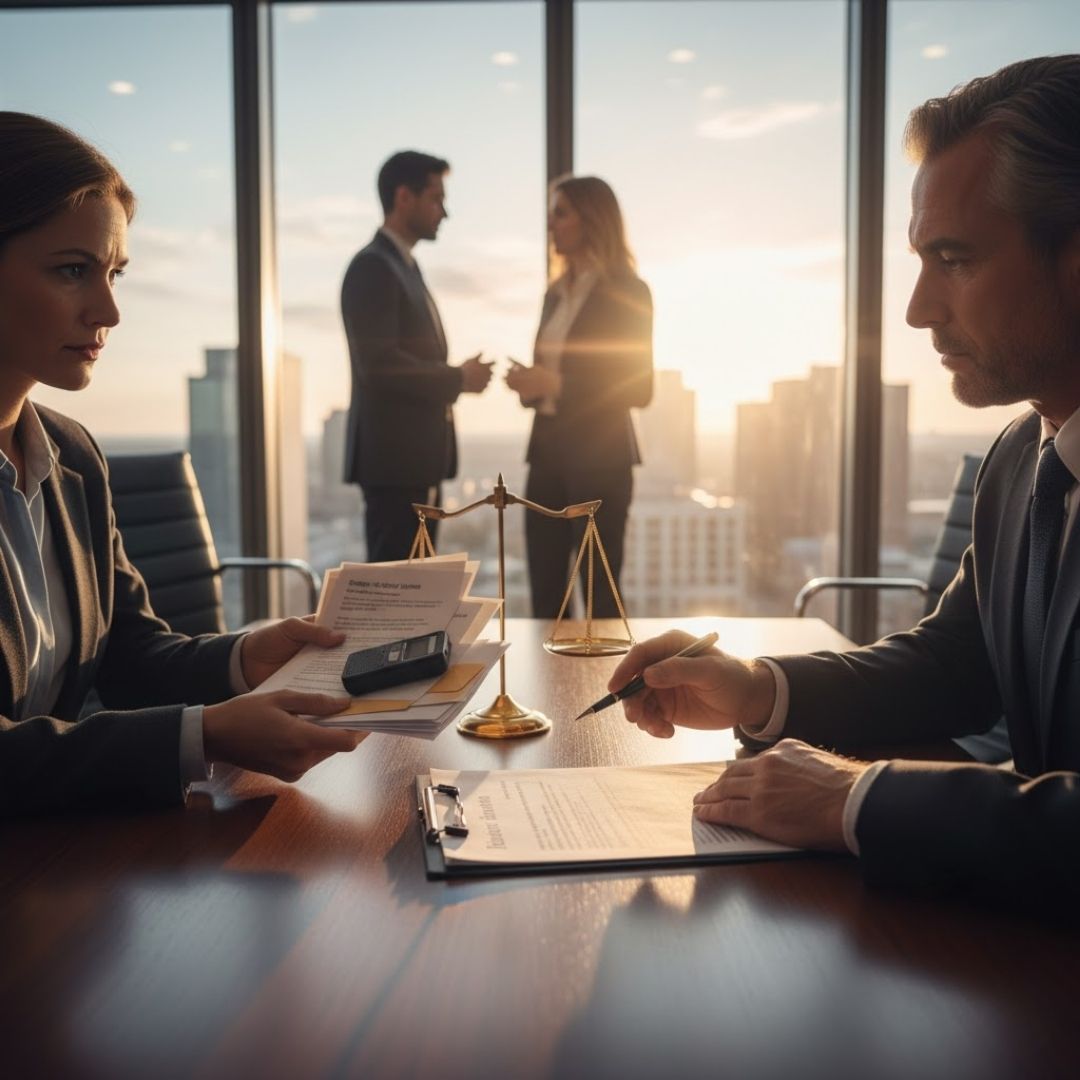 a lawyer helping his female client gather evidence for a child abuse claim