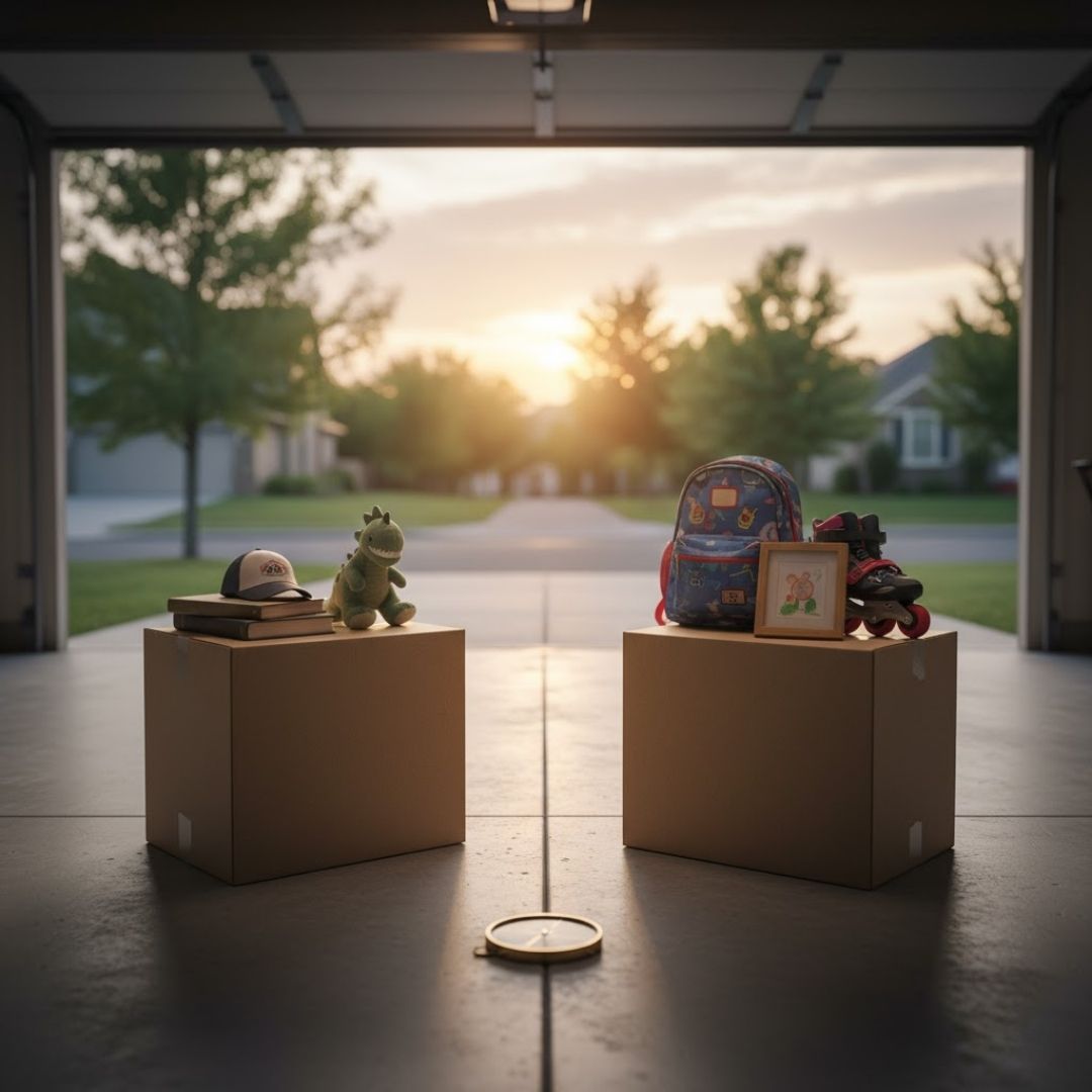 two boxes of child items on opposite sides of a line with a compass in the middle