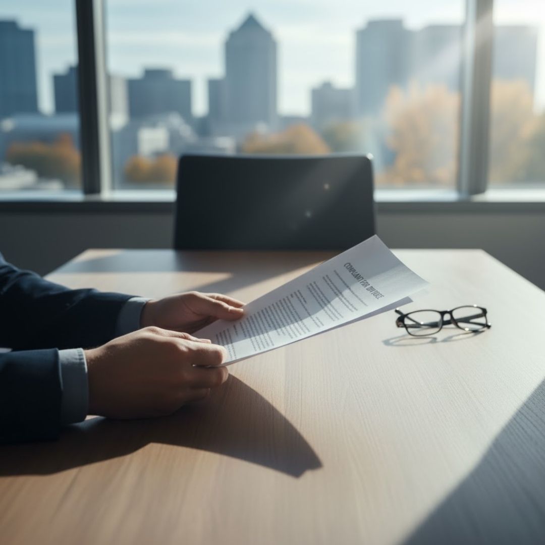 Hands holding a document titled "Complaint for Divorce" at a desk with a city view