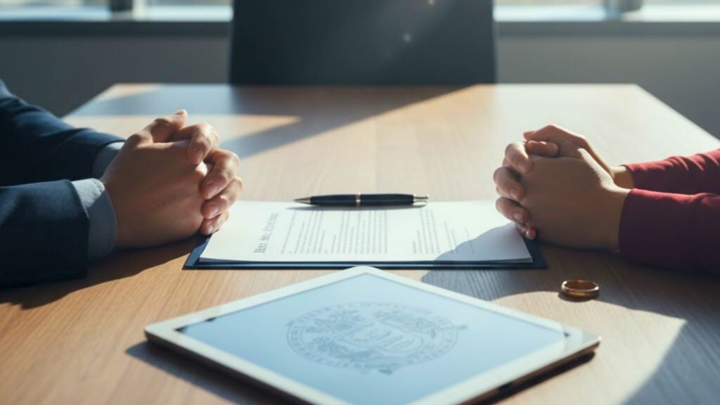 Two people's hands on opposite sides of a table with divorce papers, a pen, and a tablet in a sunny office