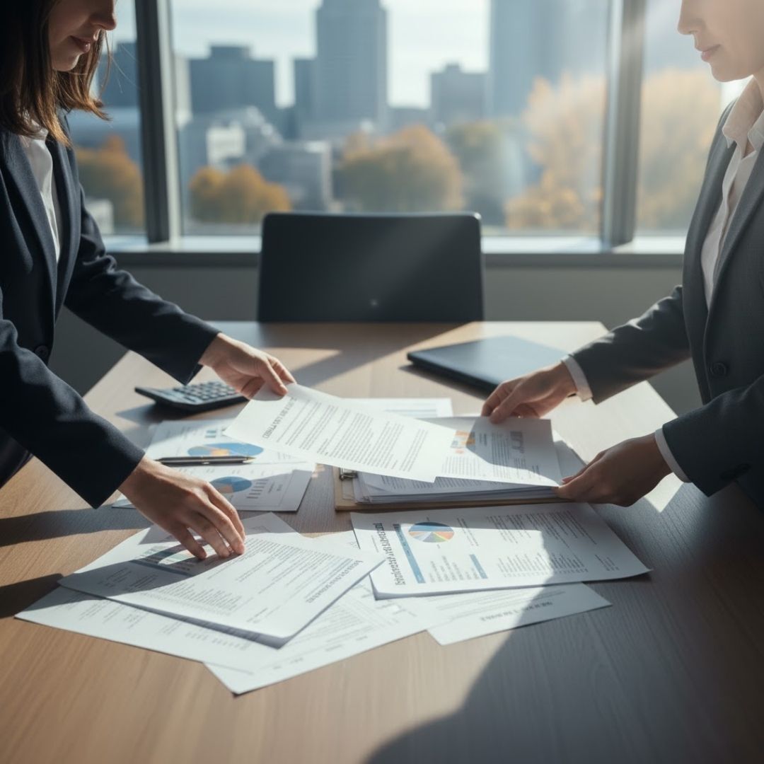 Two individuals in suits organizing financial documents on a table
