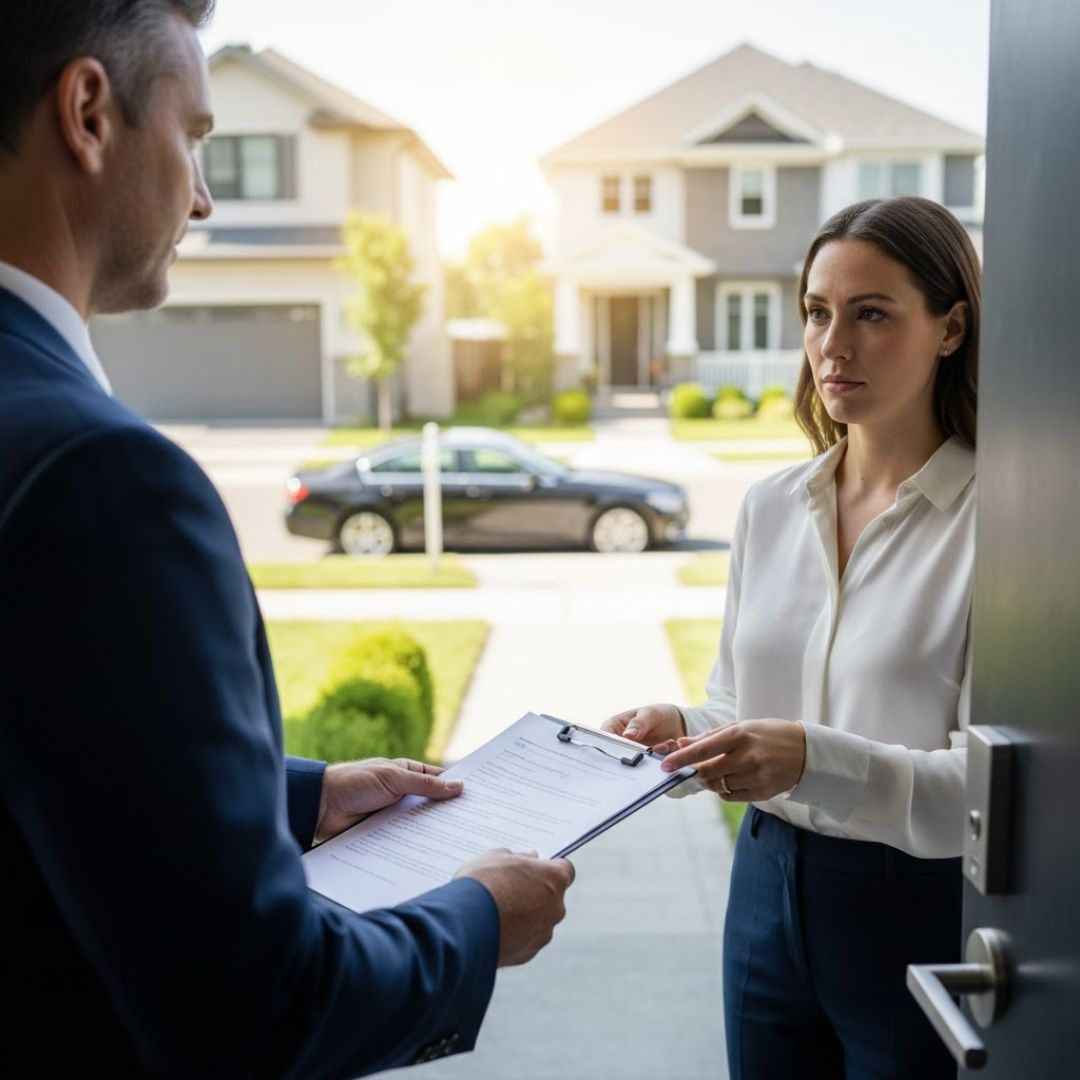 A process server handing legal documents on a clipboard to a man at his doorstep