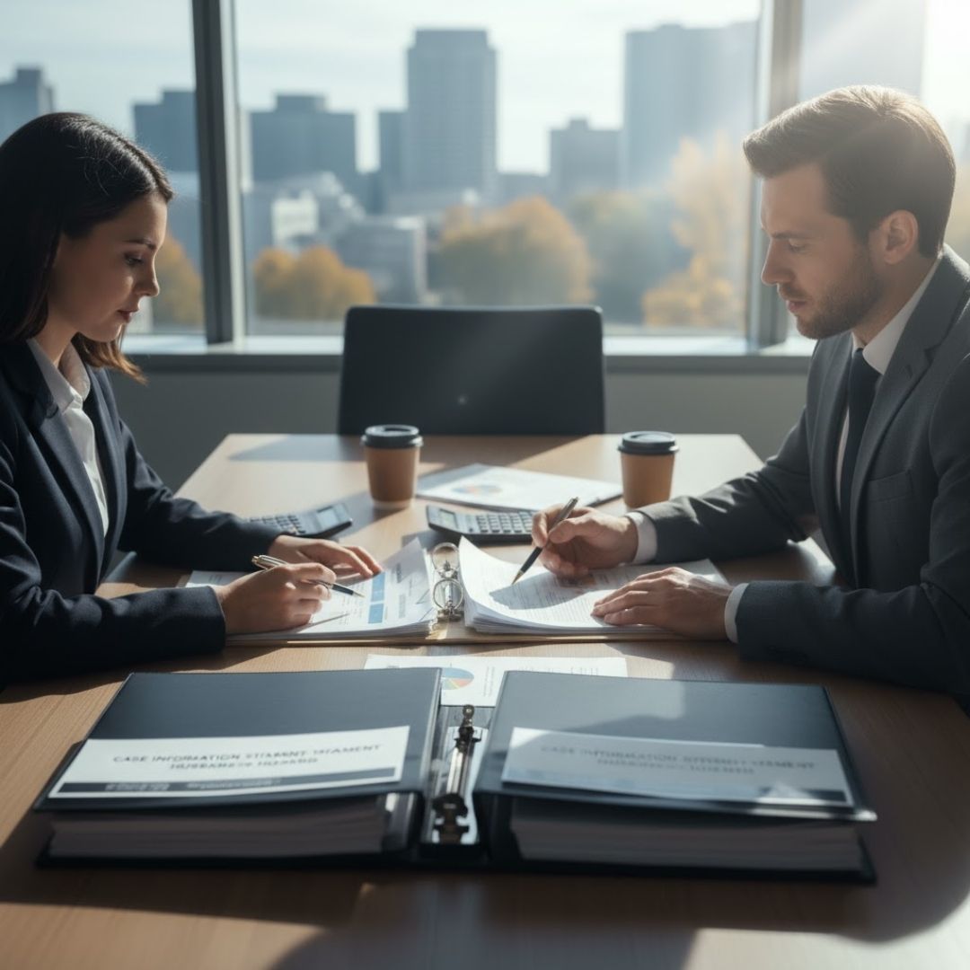 Two individuals reviewing documents labeled "Case Information Statement" at a conference table