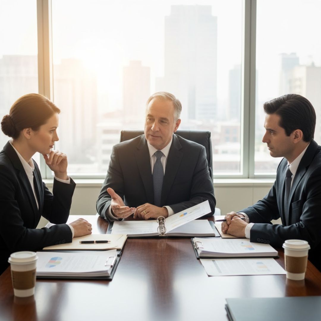 Three legal professionals in suits reviewing documents together at a conference table