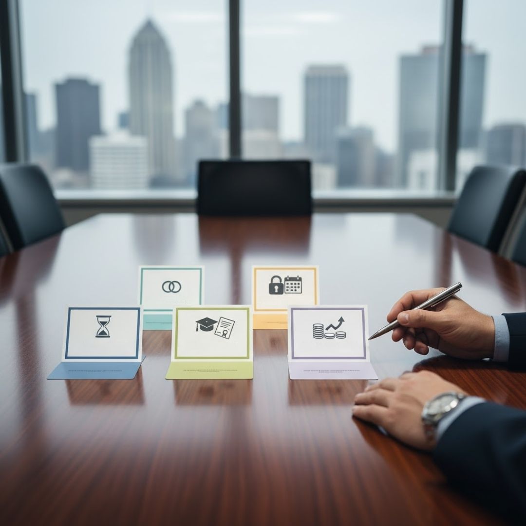 cards with icons displaying the different kinds of alimony on a desk