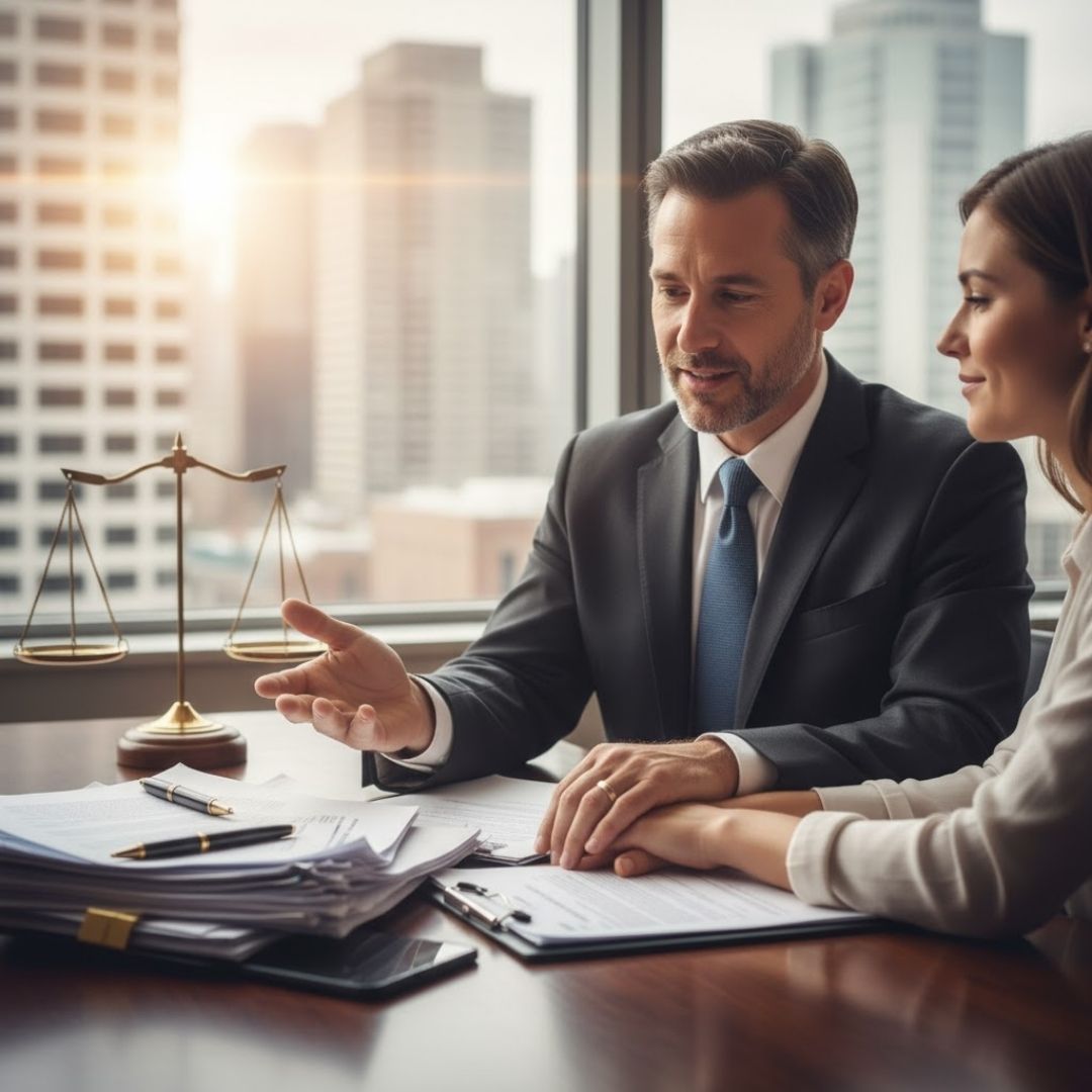 a lawyer holding a client's hand explaining documents