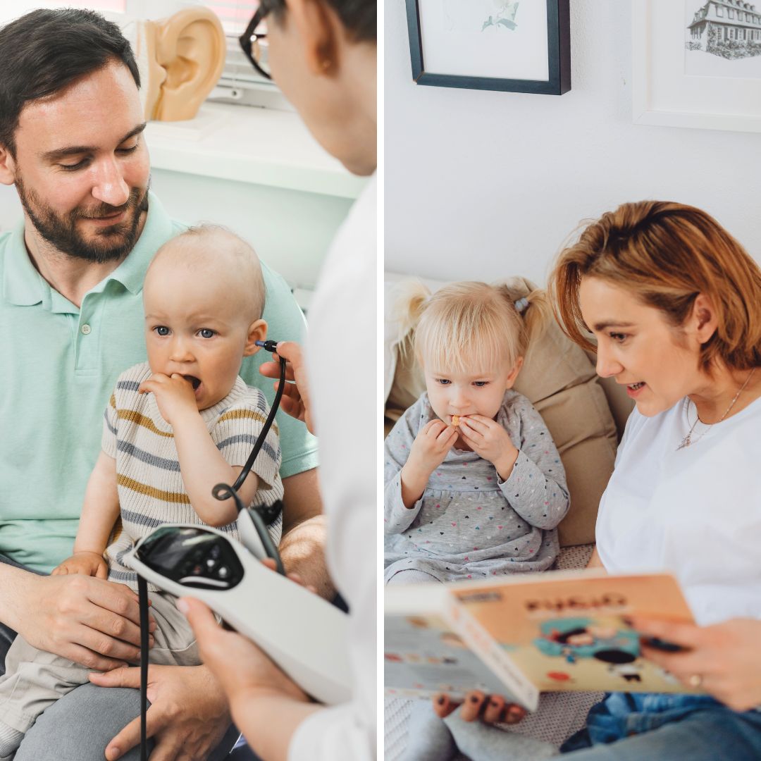 a father with his baby son at the pediatrician and a mother with small daughter reading a book