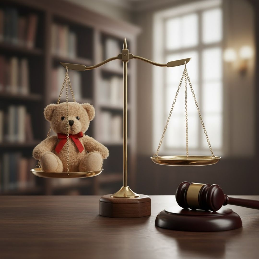 A balanced scale with a small, innocent-looking child's teddy bear on one side and a legal gavel on the other