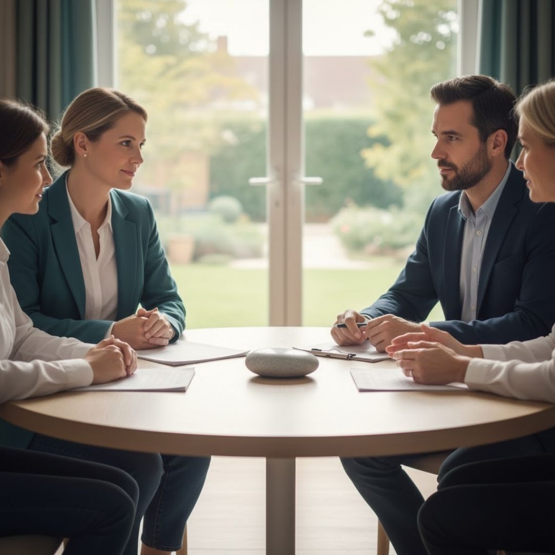 Two adults and a mediator figure sitting at a table, engaged in a peaceful discussion