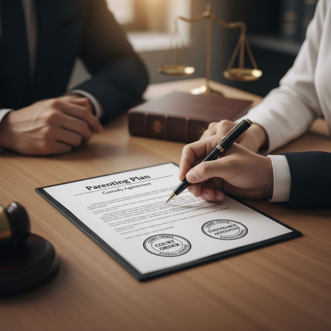 a legal document being signed by a pen, with two sets of hands visible